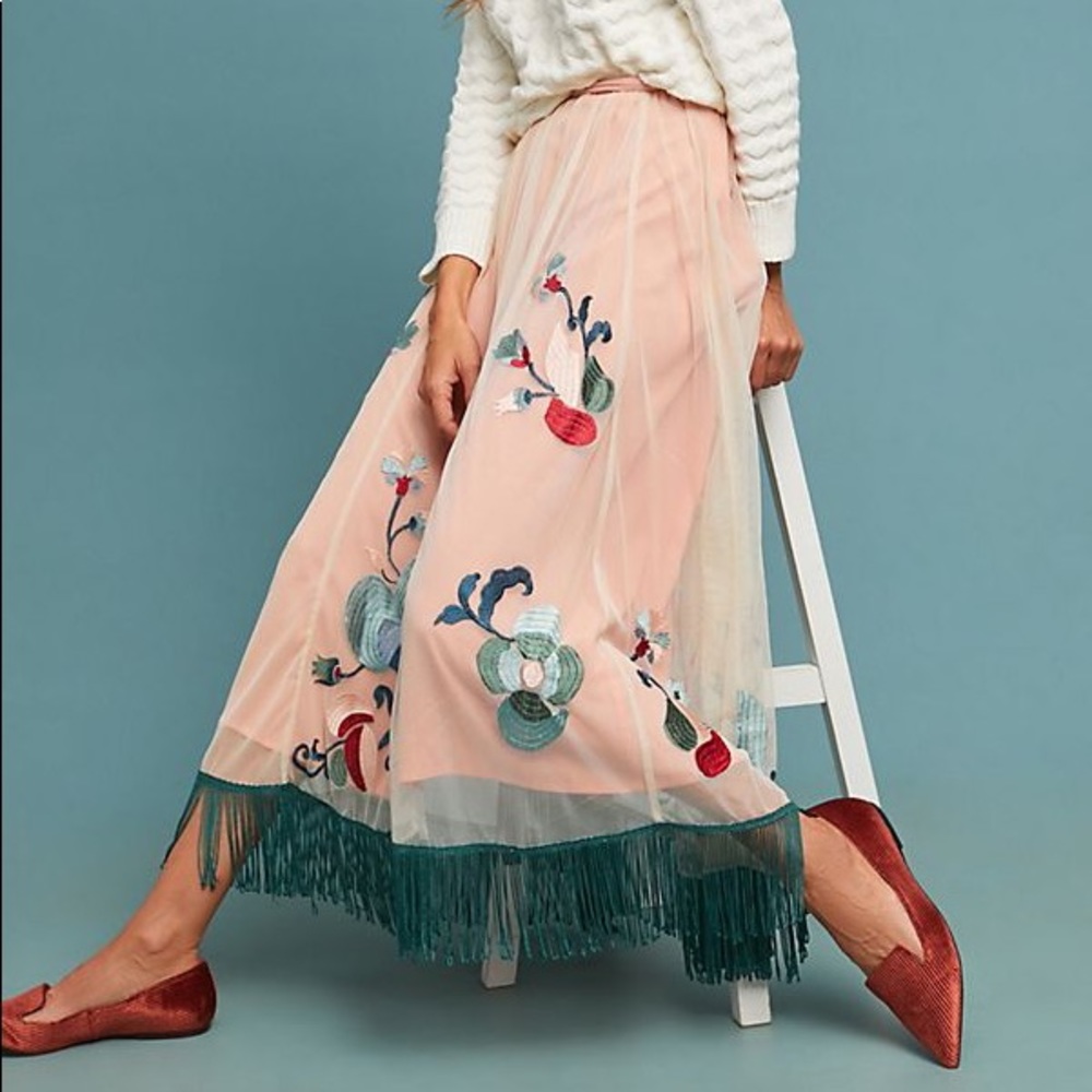 Anthropologie Pink Embroidered Maxi Skirt with Green Fringe